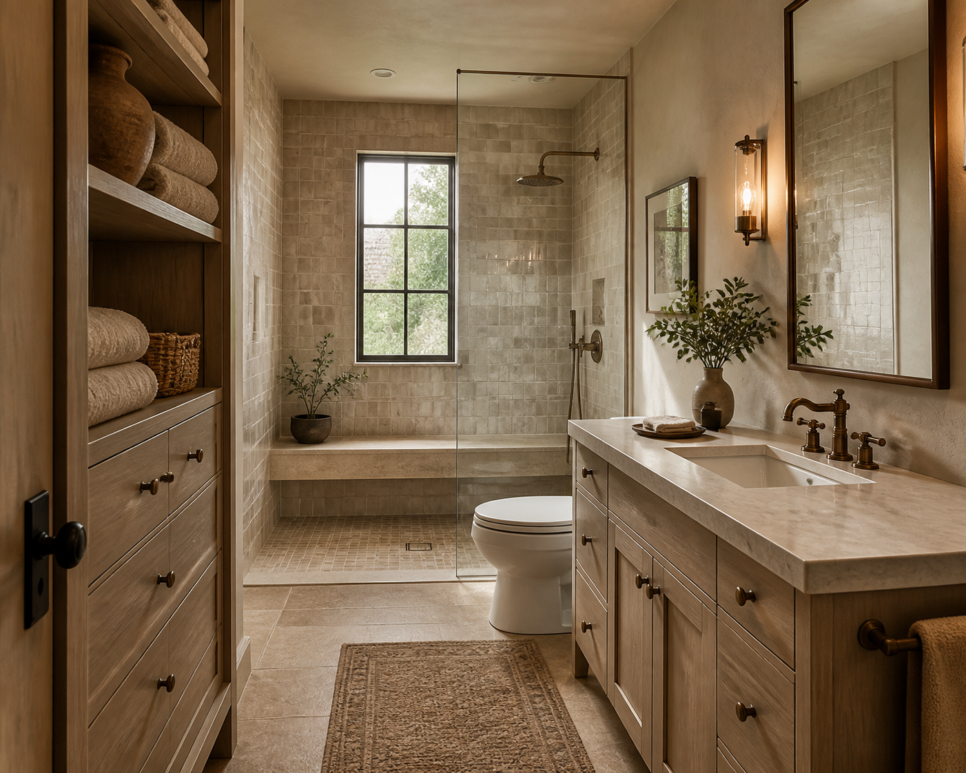 Hidden Hills guest bathroom with zellige tile shower, oak cabinetry and aged brass fittings