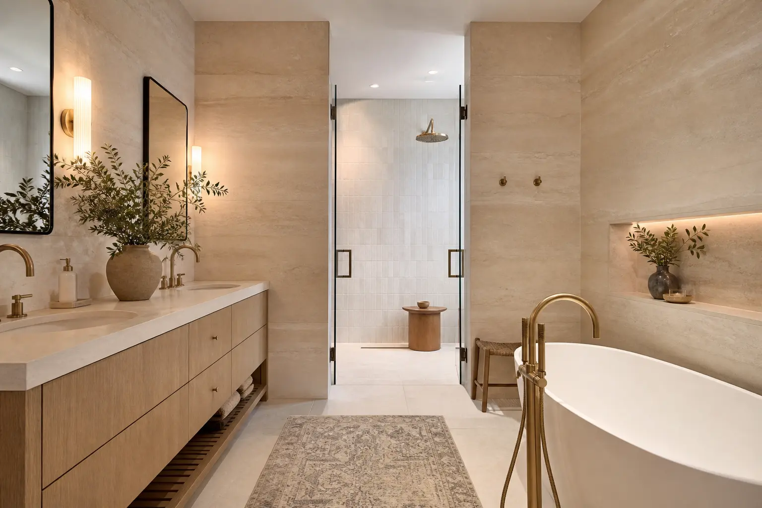 Travertine primary bathroom with white oak vanity, brass tub filler and wet room shower