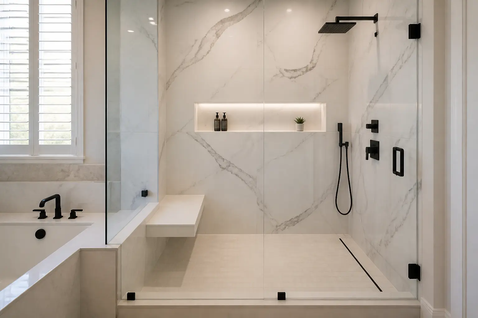 Curbless tub to shower conversion with porcelain slab walls and linear drain