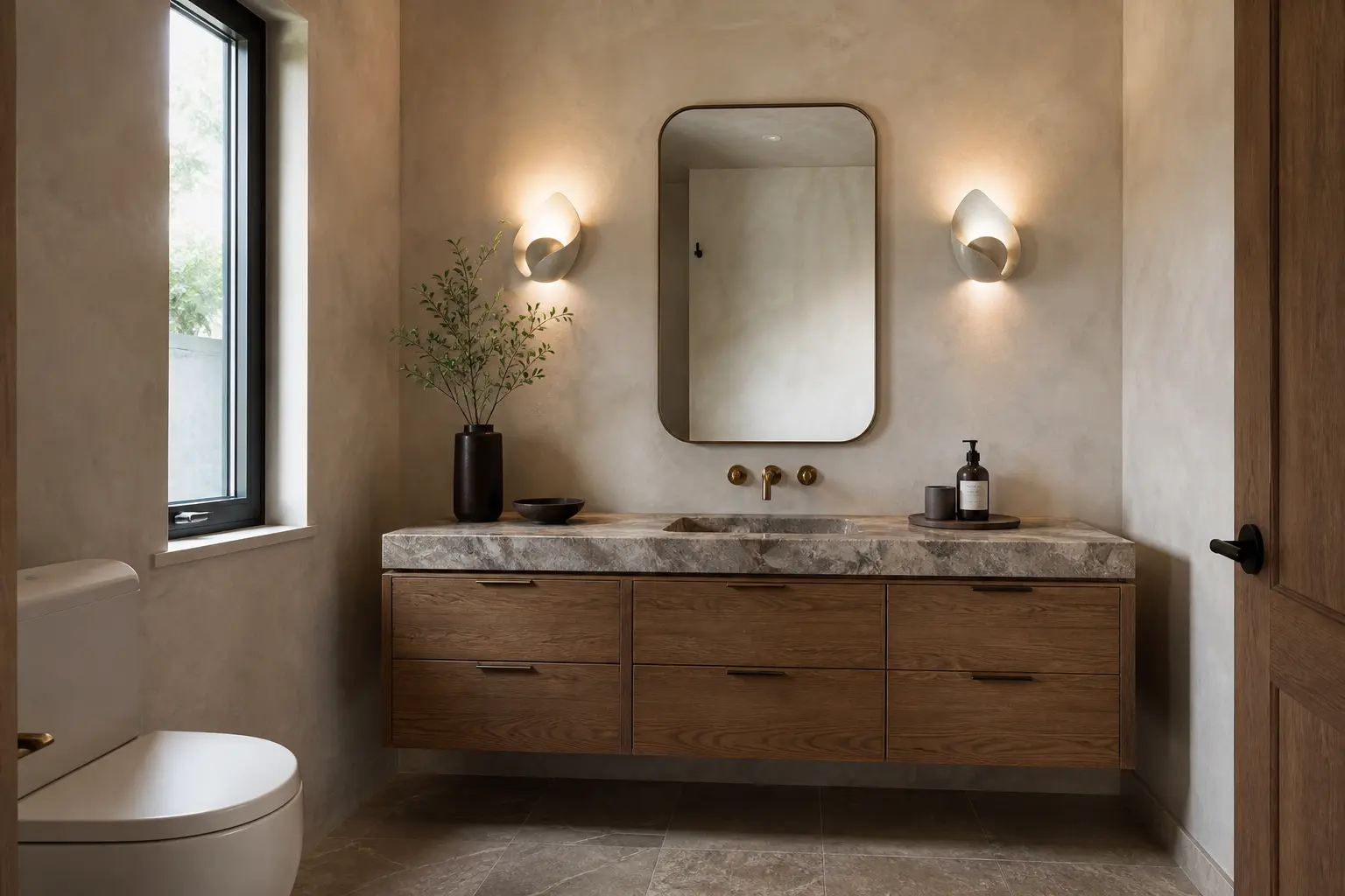 Powder room with plaster walls, stone counter and floating oak vanity