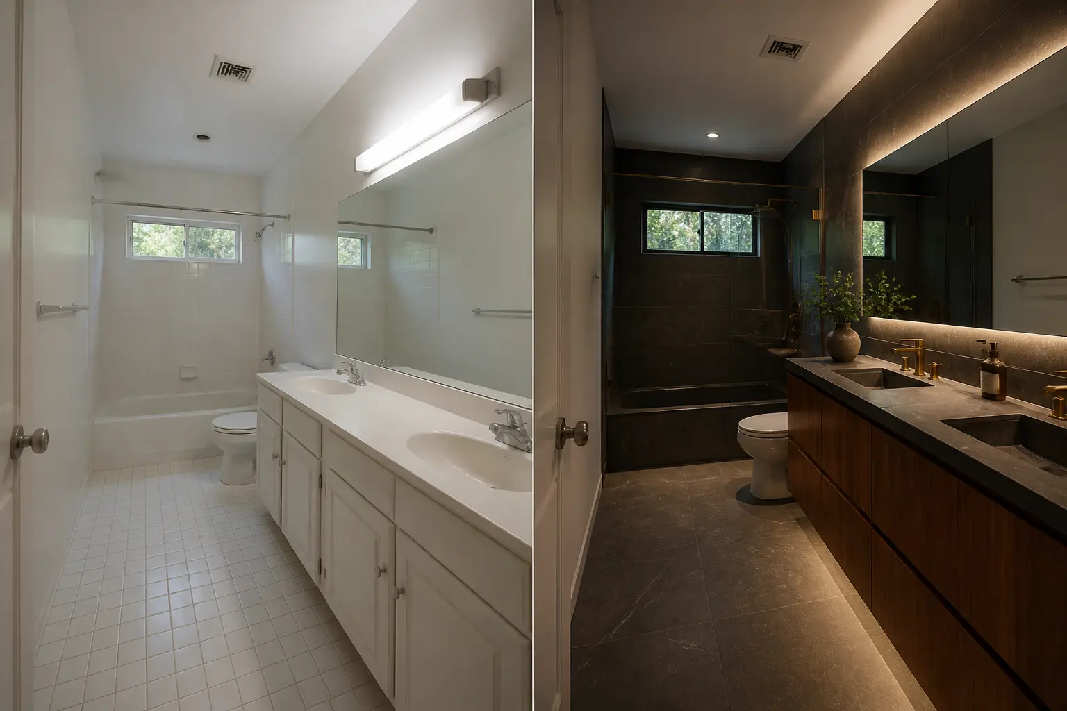 Bathroom before and after moving from a plain white builder finish to a dark stone palette with backlit mirror