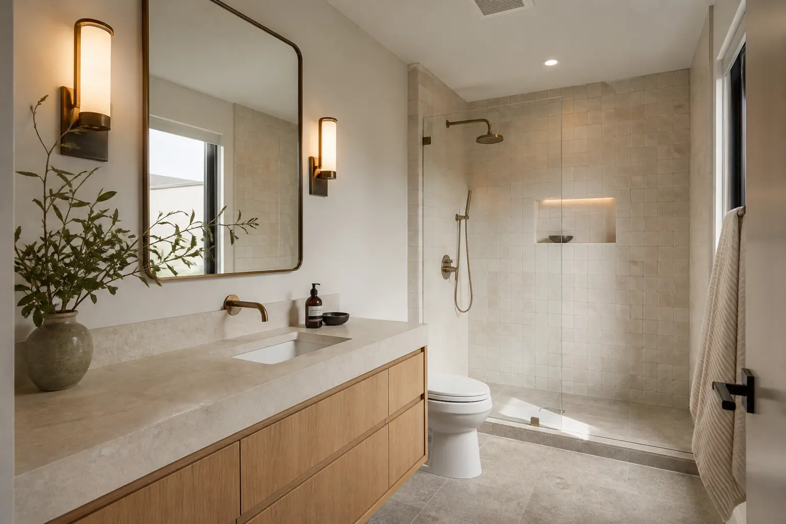 Warm minimal bathroom with limestone counter and oak drawer storage