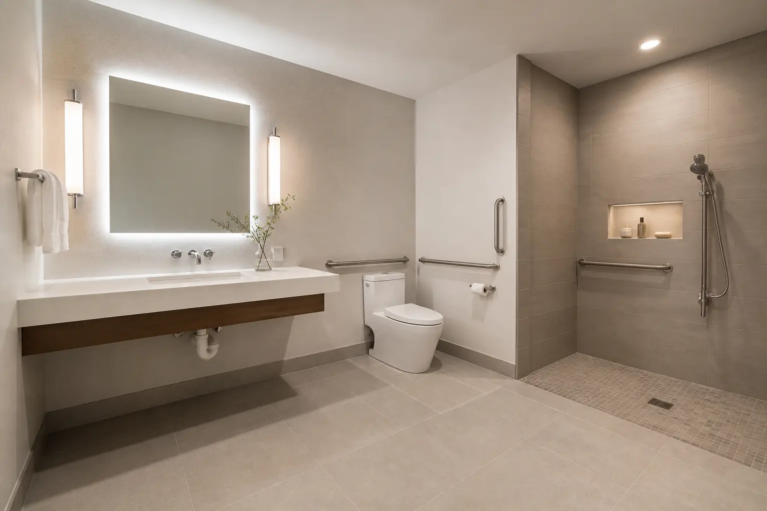 Accessible bathroom with wheelchair-height floating sink and roll-in shower