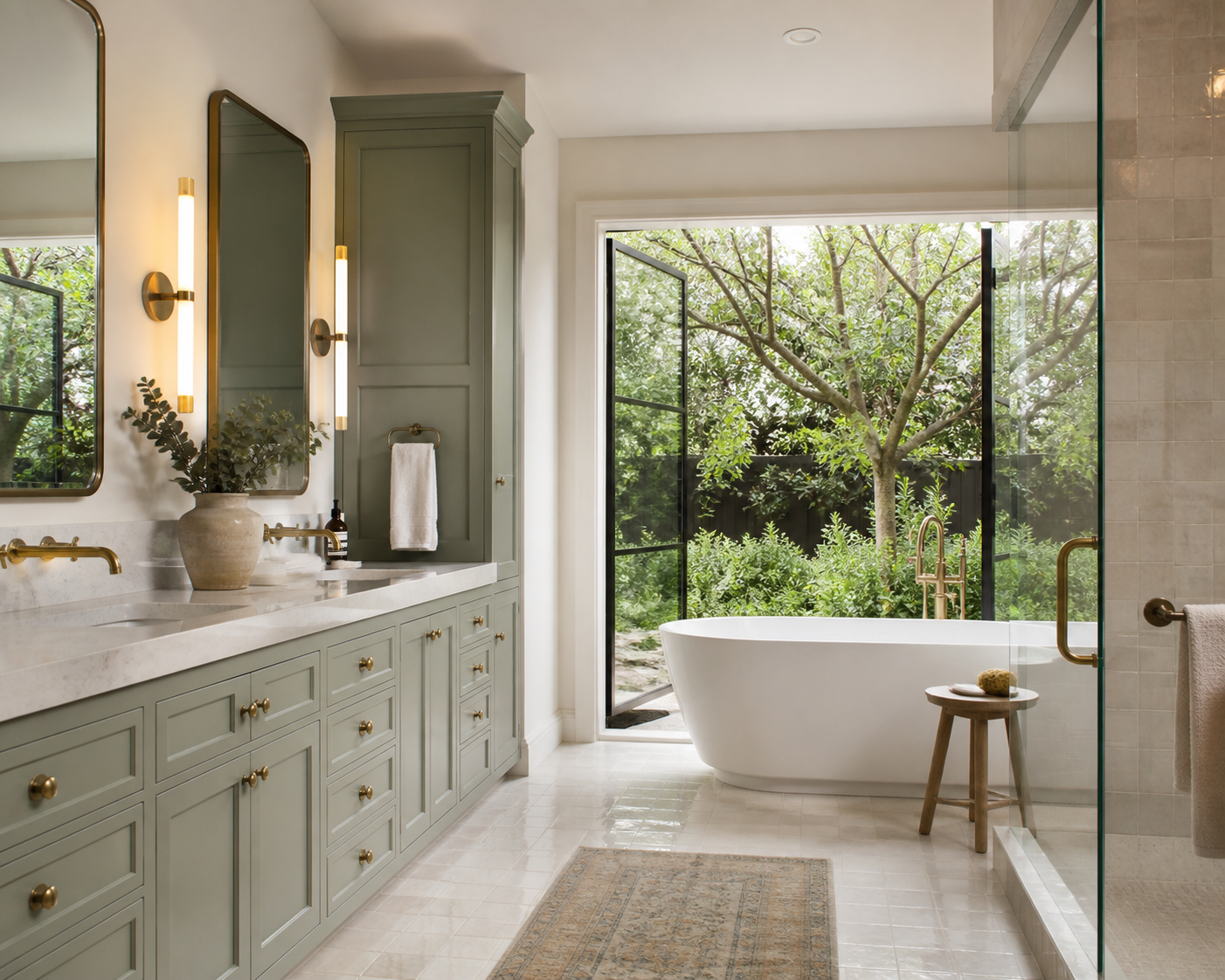 Los Altos sage green primary bathroom with marble counters, brass hardware and a garden-facing tub