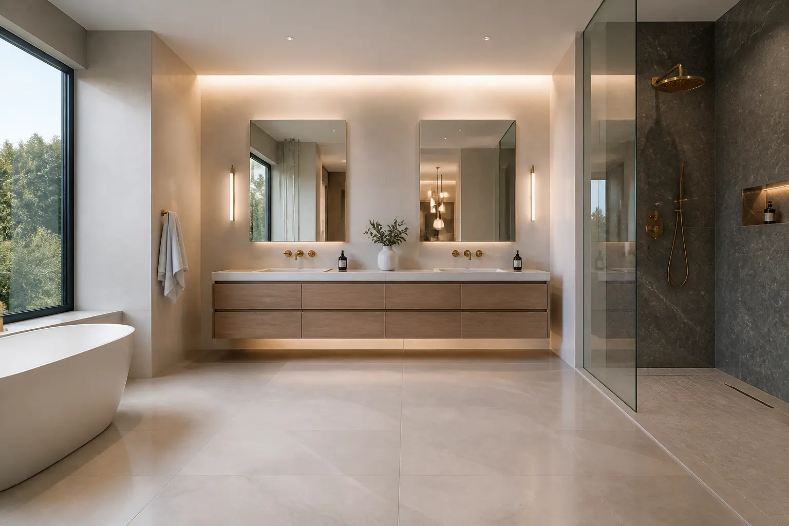 Contemporary bathroom with plaster walls, dark marble shower and oak vanity