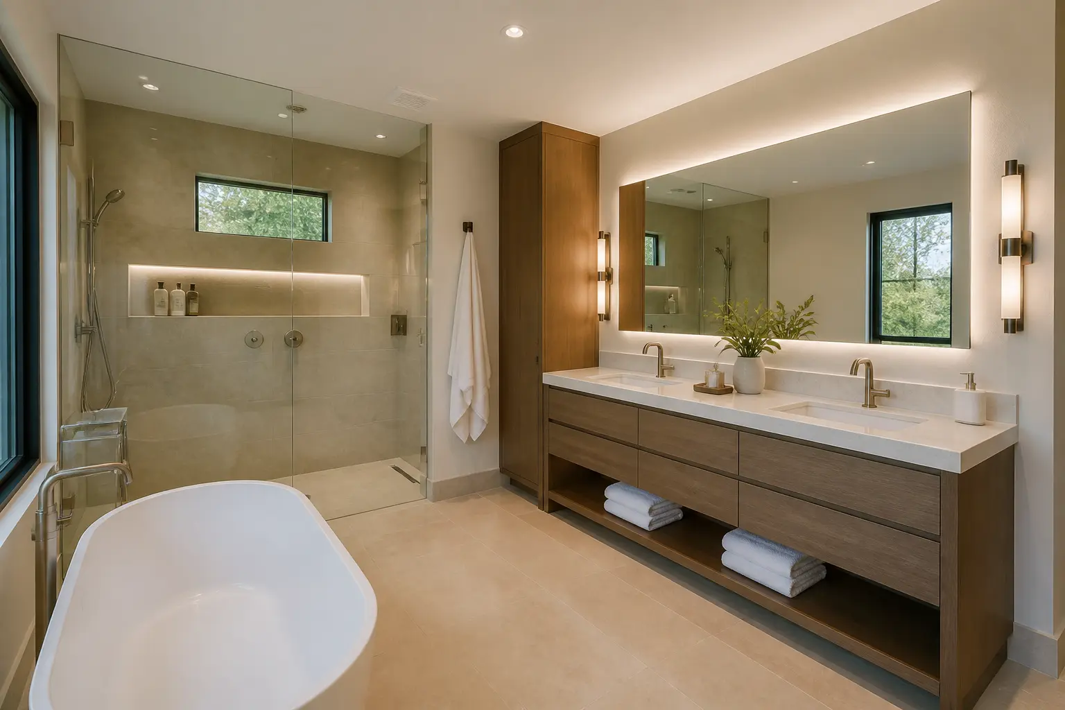 Bright primary bathroom with backlit wide mirror, dual sinks and glass shower