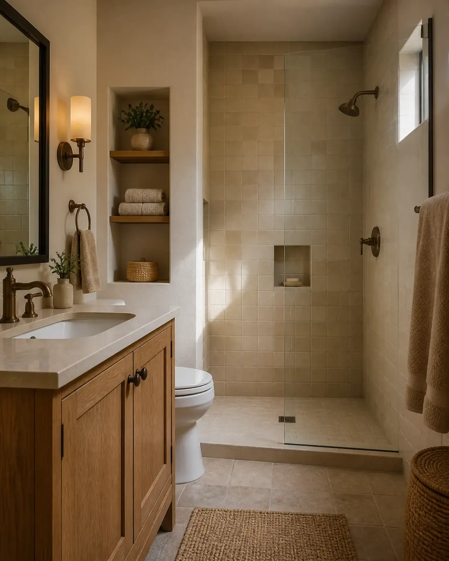 Woodside guest bathroom with zellige tile shower, oak vanity and aged brass fittings