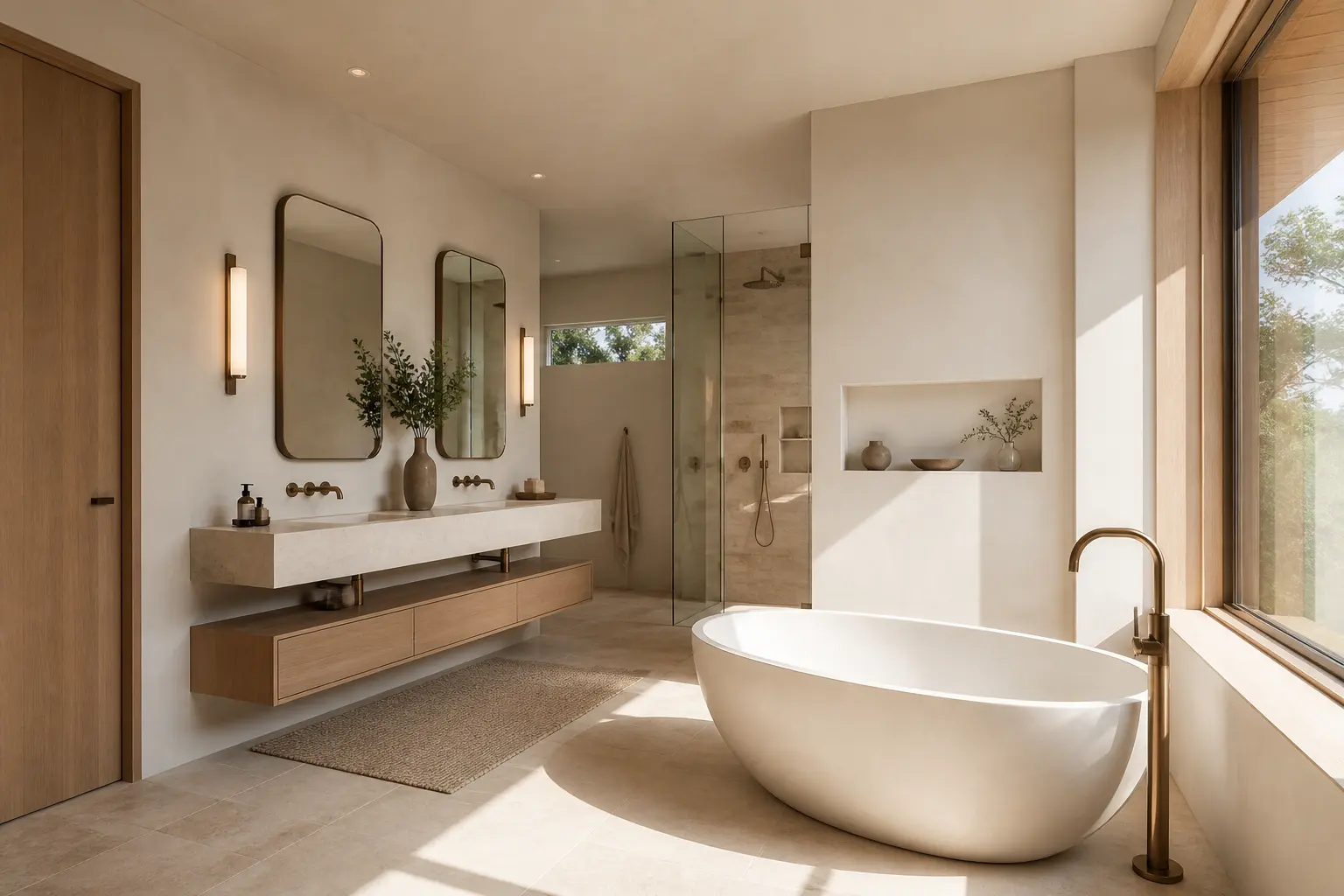 Light bathroom with floating stone vanity, glass shower and sculptural tub by a window