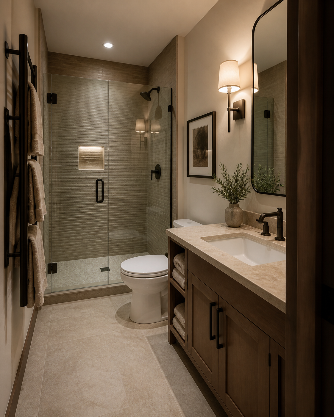 Rolling Hills guest bathroom with textured tile shower, walnut vanity and warm sconce lighting
