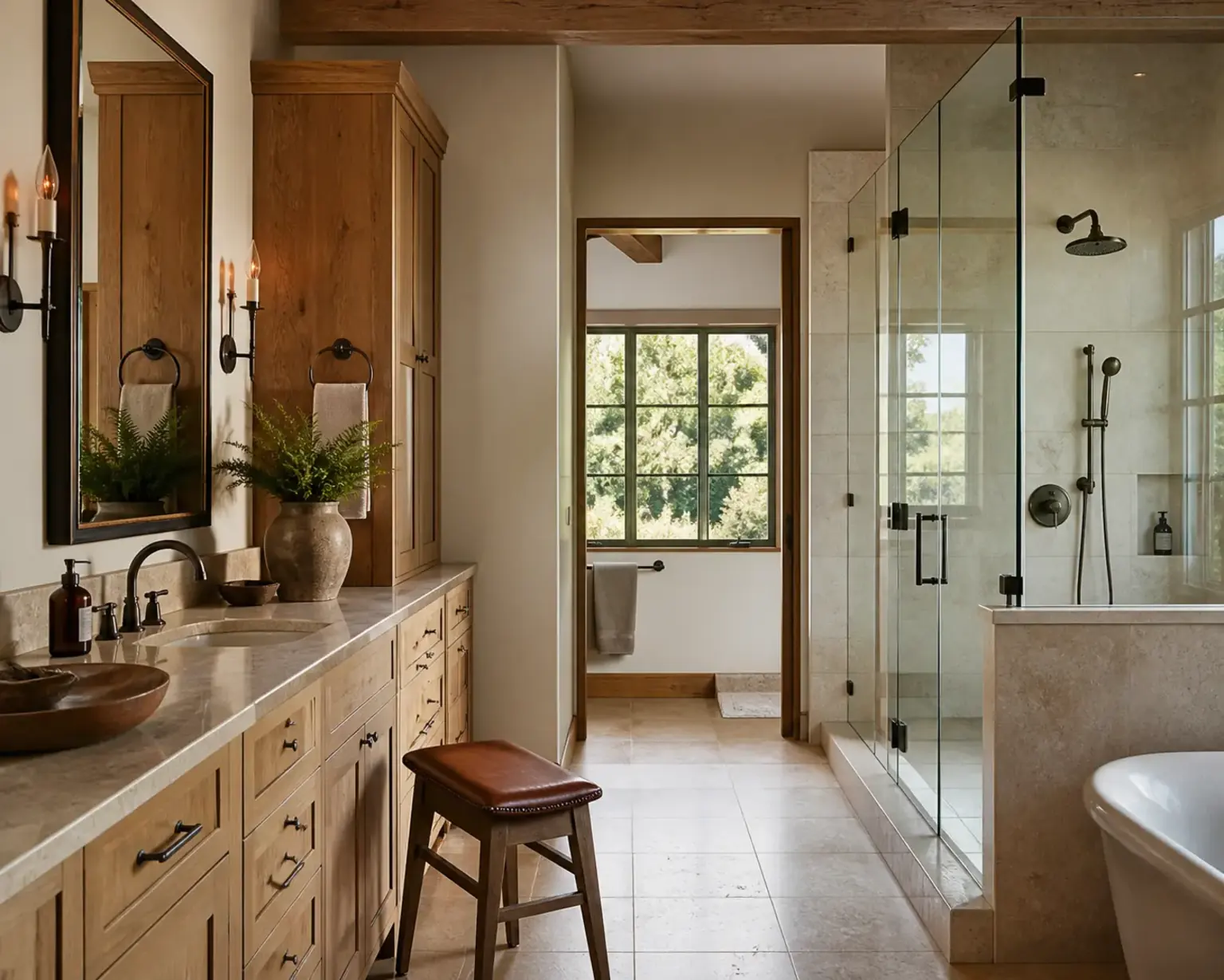 Woodside equestrian estate bathroom with white oak cabinetry, limestone counters and a glass-enclosed shower