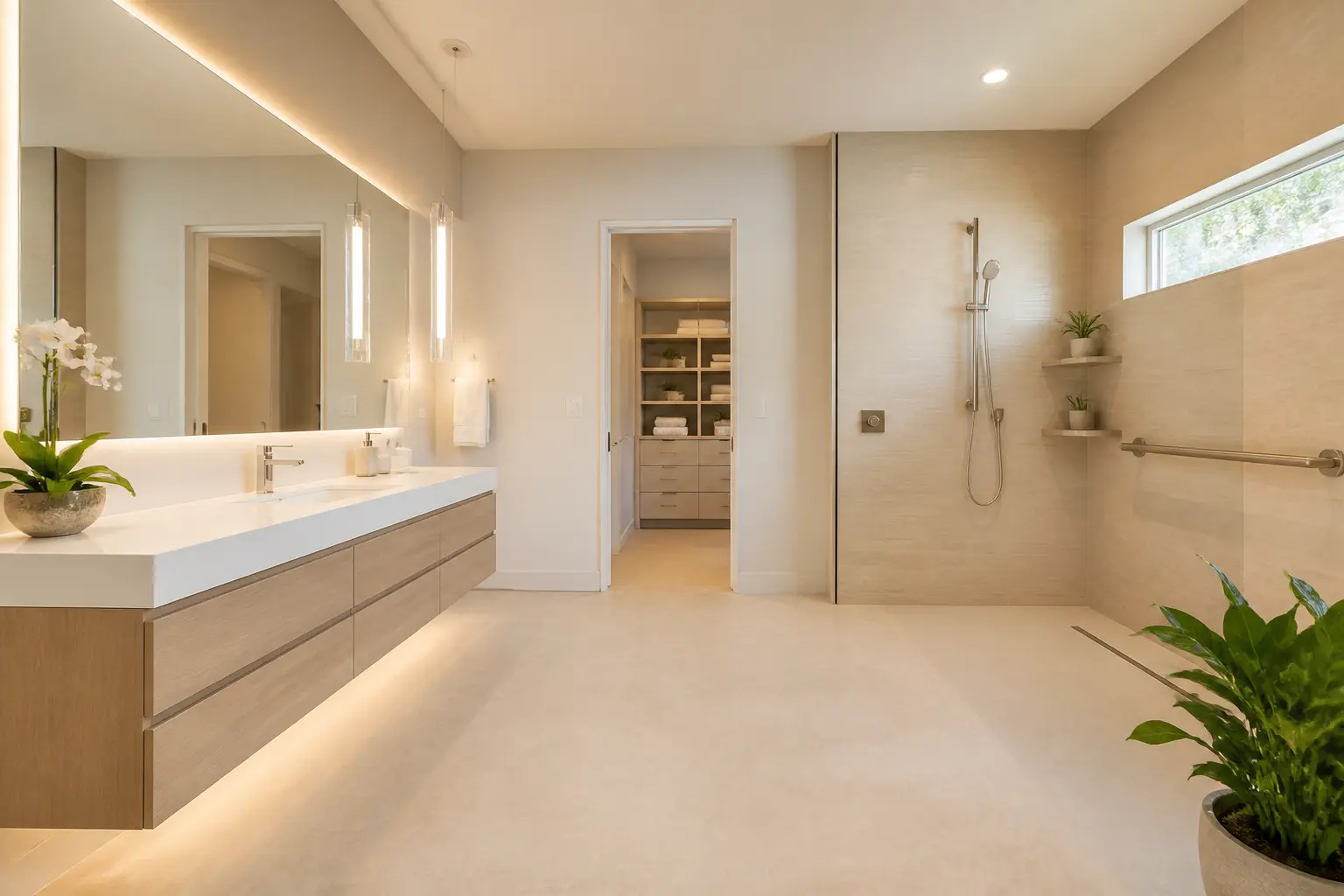 Accessible bathroom with seamless poured floor, roll-in shower and grab rail