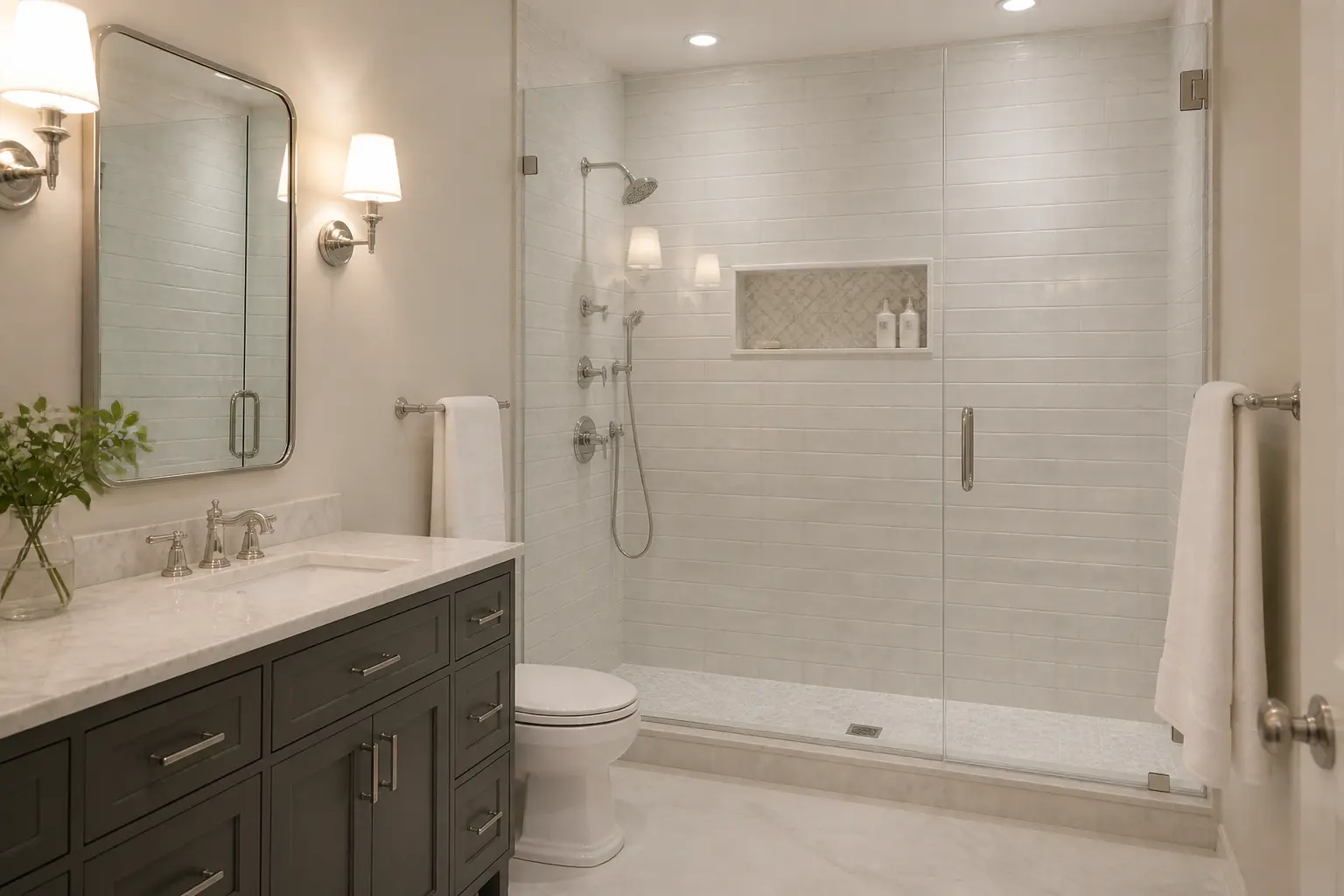 Classic tub to shower conversion with white subway tile and nickel fixtures