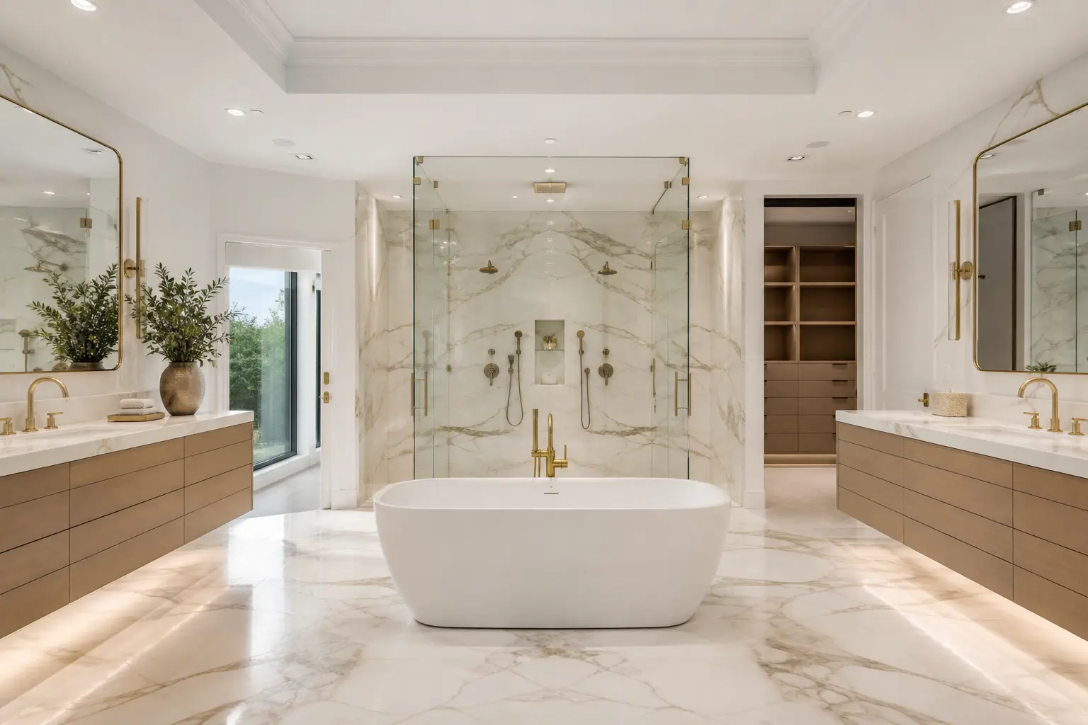 Primary bathroom with book-matched marble shower wall, twin oak vanities and freestanding tub