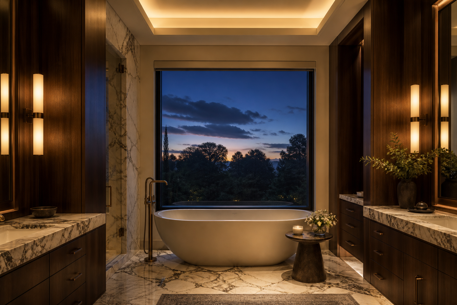 Atherton primary bathroom at dusk with dark walnut cabinetry, marble surfaces and warm sconce lighting