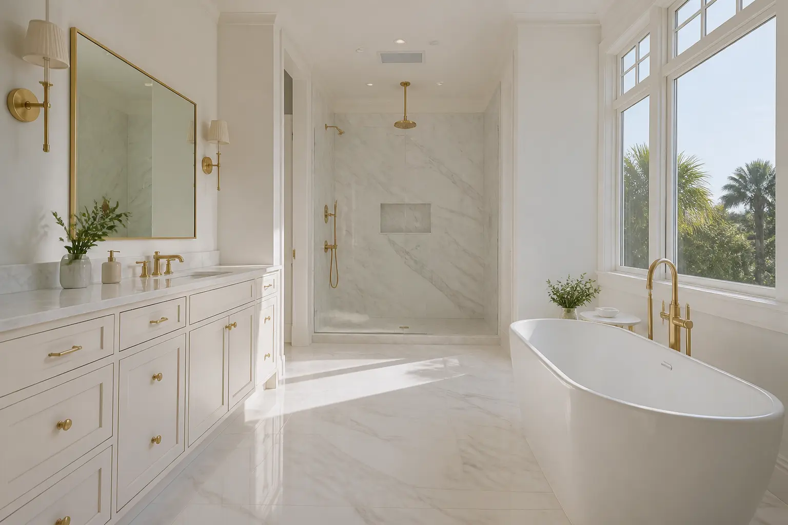 Bright white bathroom with marble shower, brass fittings and freestanding tub by a window