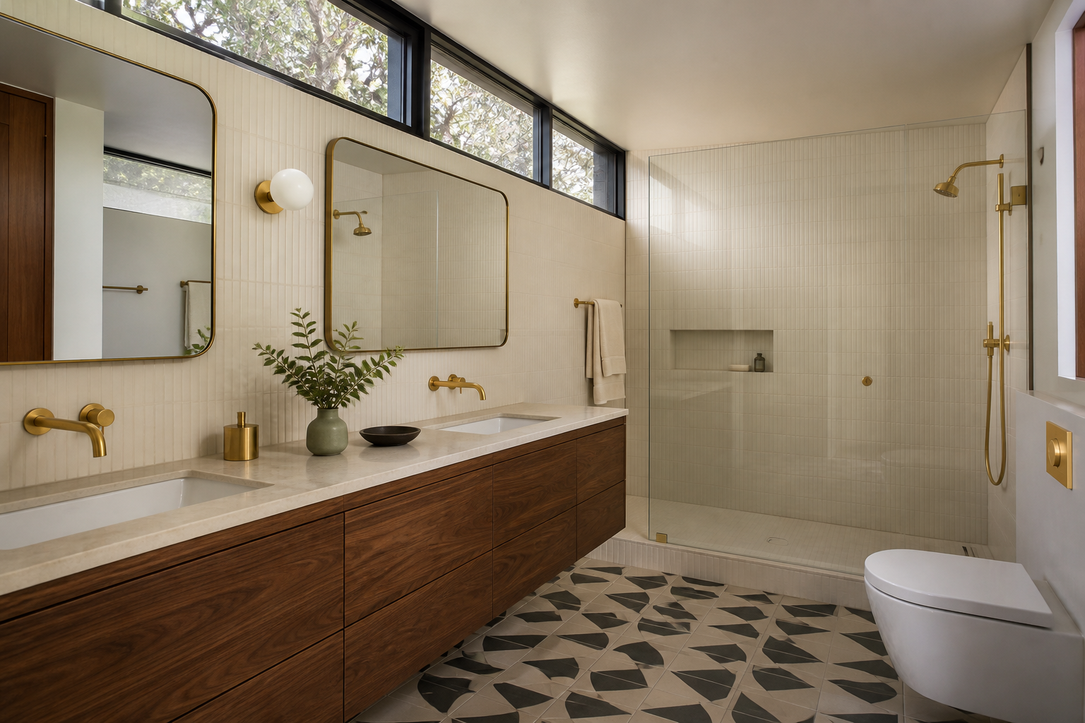 Mid-century modern Los Altos bathroom with walnut vanity, brass fittings and clerestory windows