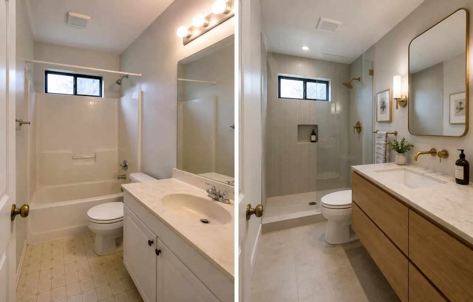 Guest bathroom before and after, from a fiberglass tub surround to a tiled walk-in shower with a white oak vanity
