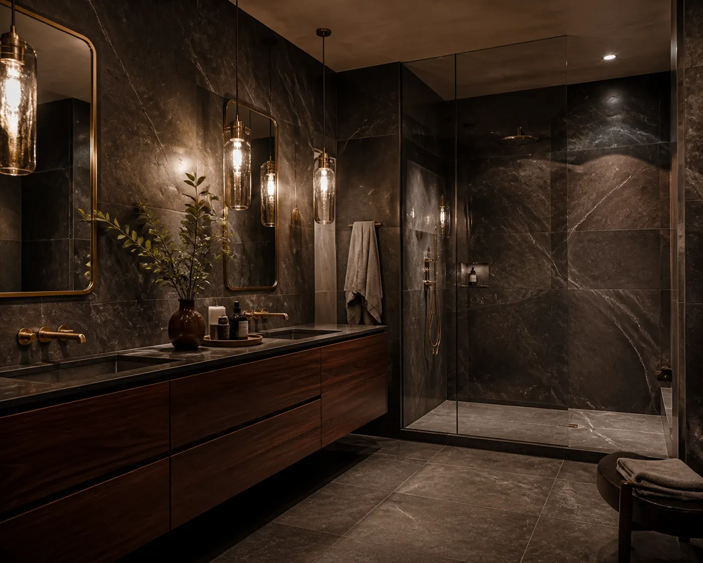 Moody Hidden Hills primary bathroom in dark marble with brass fixtures and walnut floating vanity