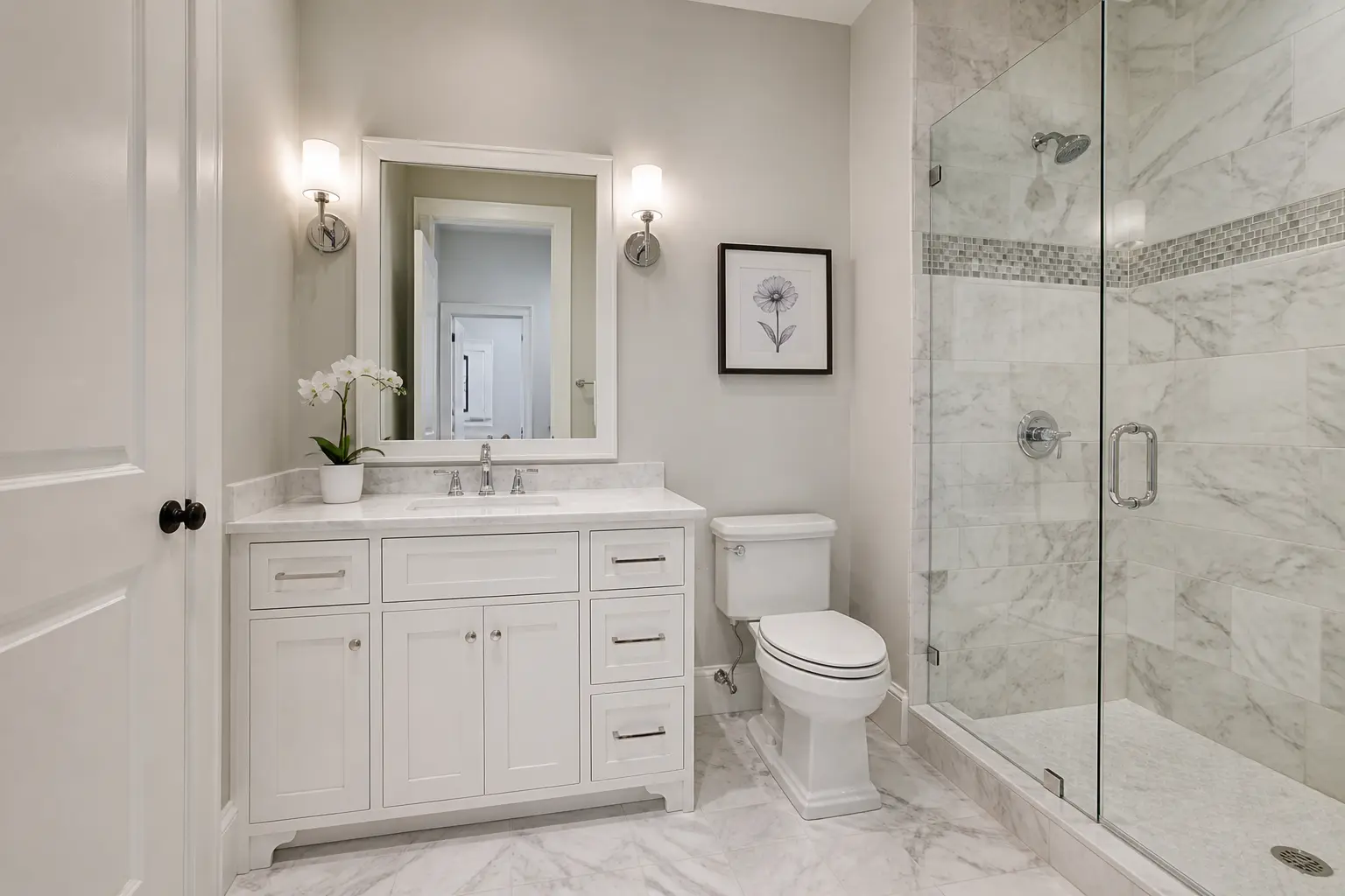 Transitional guest bathroom with white shaker vanity, marble tile and glass shower