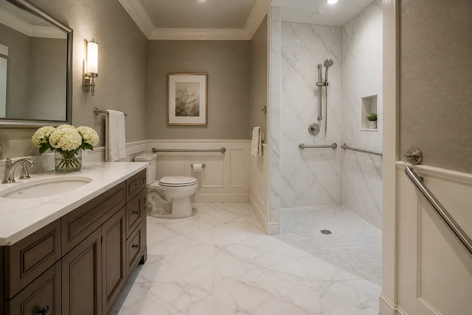 Traditional accessible bathroom with marble curbless shower and grab bars
