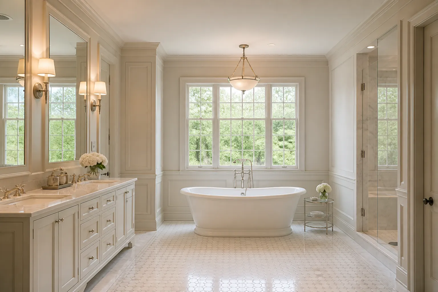 Transitional Atherton bathroom with paneled walls, marble counters and a classic freestanding tub