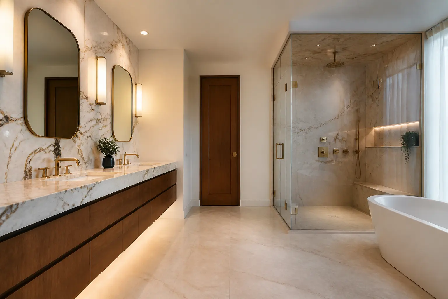 Luxury bathroom remodel with marble slab walls, brass sconces and steam shower
