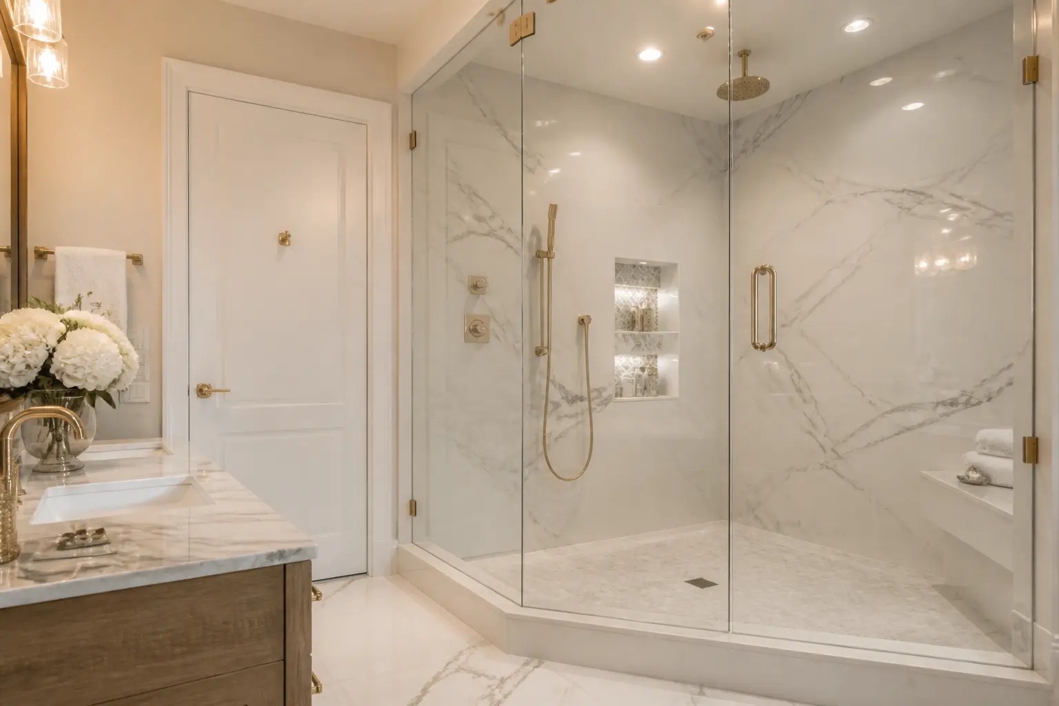 Corner tub to shower conversion with marble walls, brass hardware and lit niche
