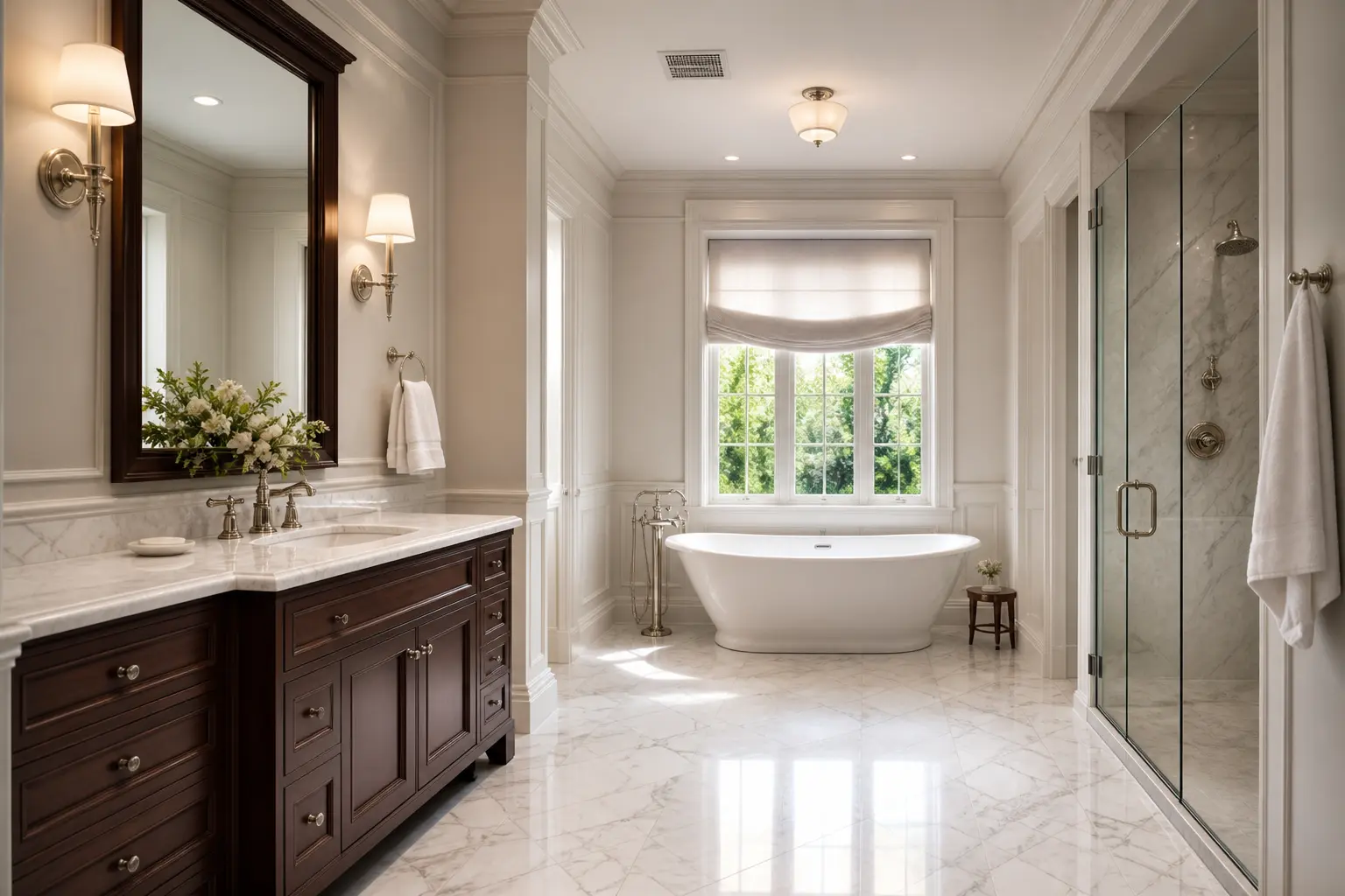 Classic Beverly Hills bathroom with dark wood vanity, marble floors and freestanding tub