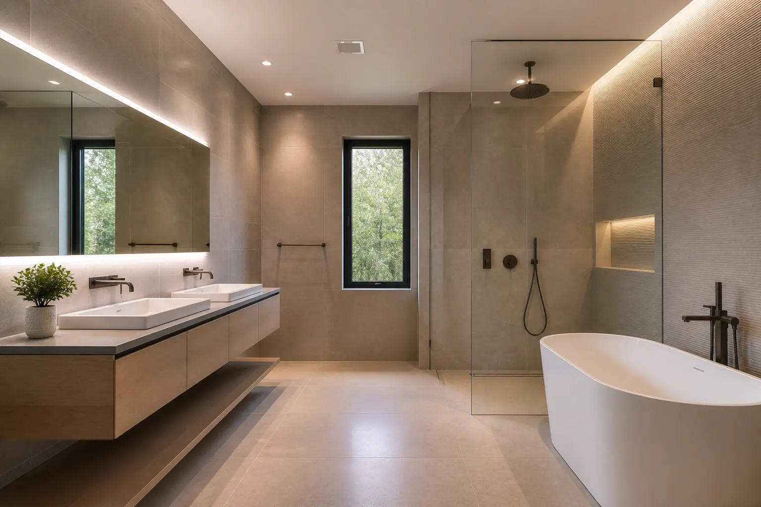 Contemporary bathroom with matte stone tile, vessel sinks and backlit mirror
