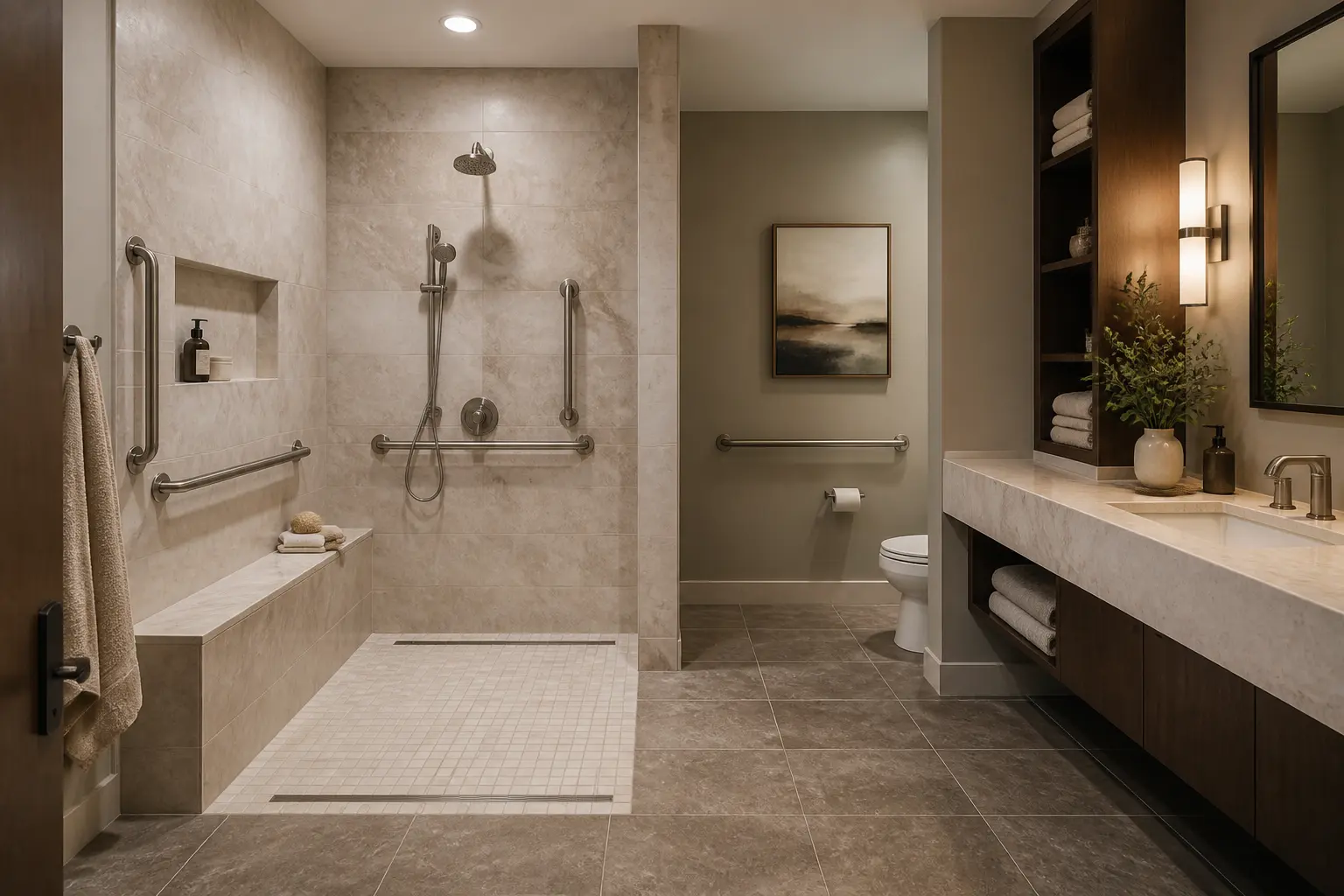 Accessible primary bathroom with curbless shower entry and integrated seating