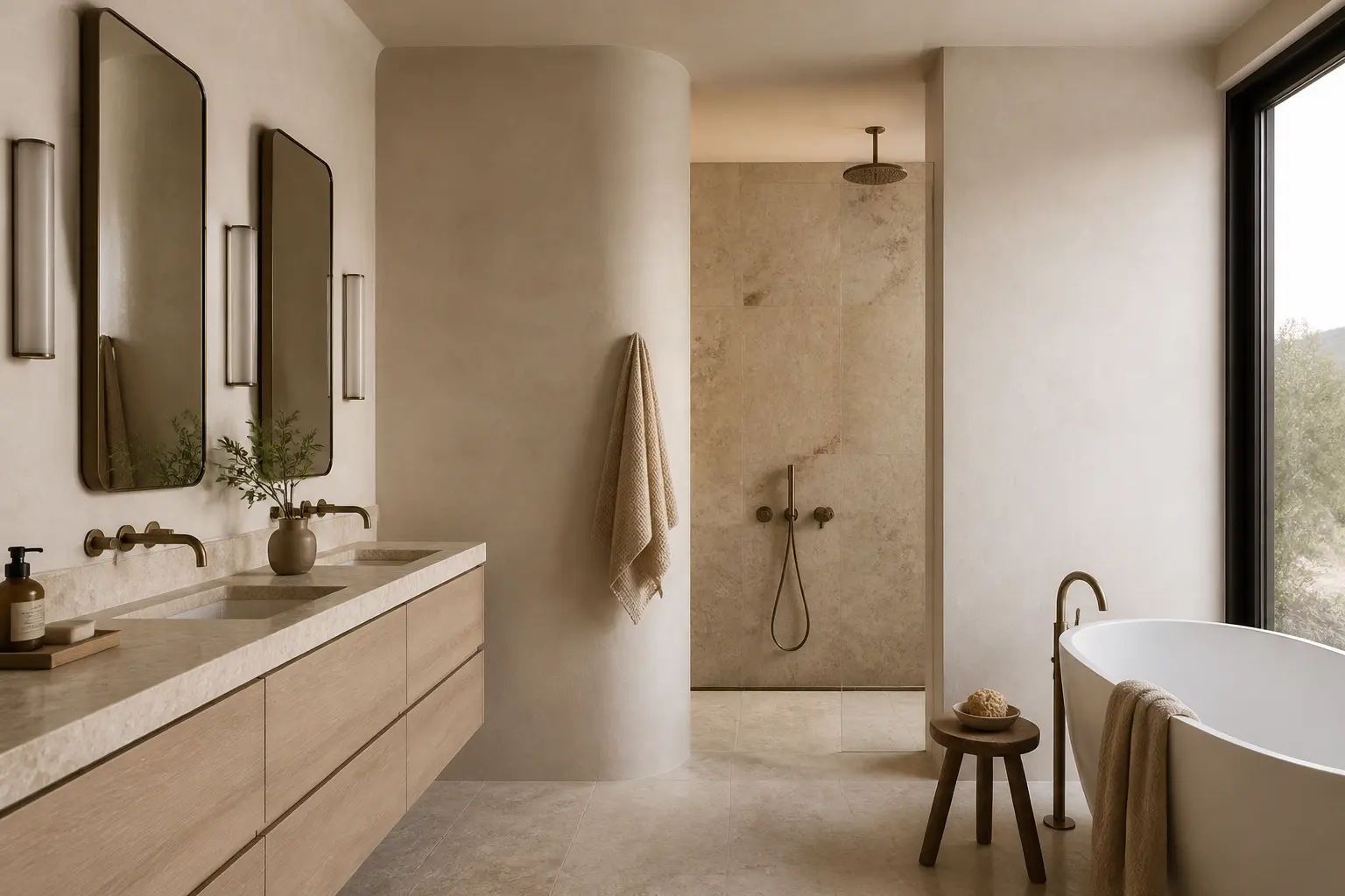 Modern organic bathroom with limestone vanity, curved plaster wall and freestanding tub