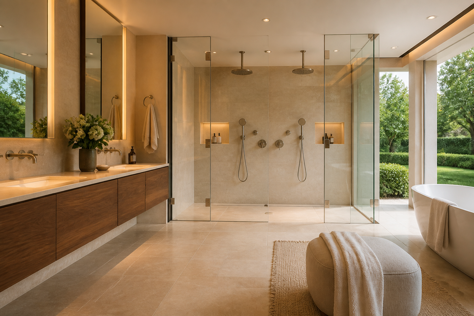 Atherton spa bathroom with a glass-enclosed double shower and limestone walls