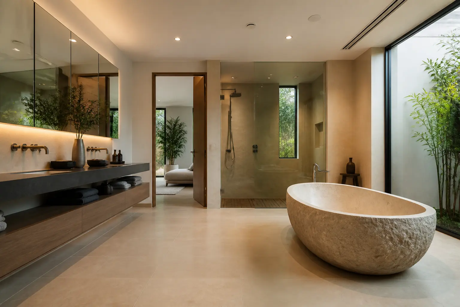 Contemporary bathroom with limestone floors, carved stone tub and courtyard view