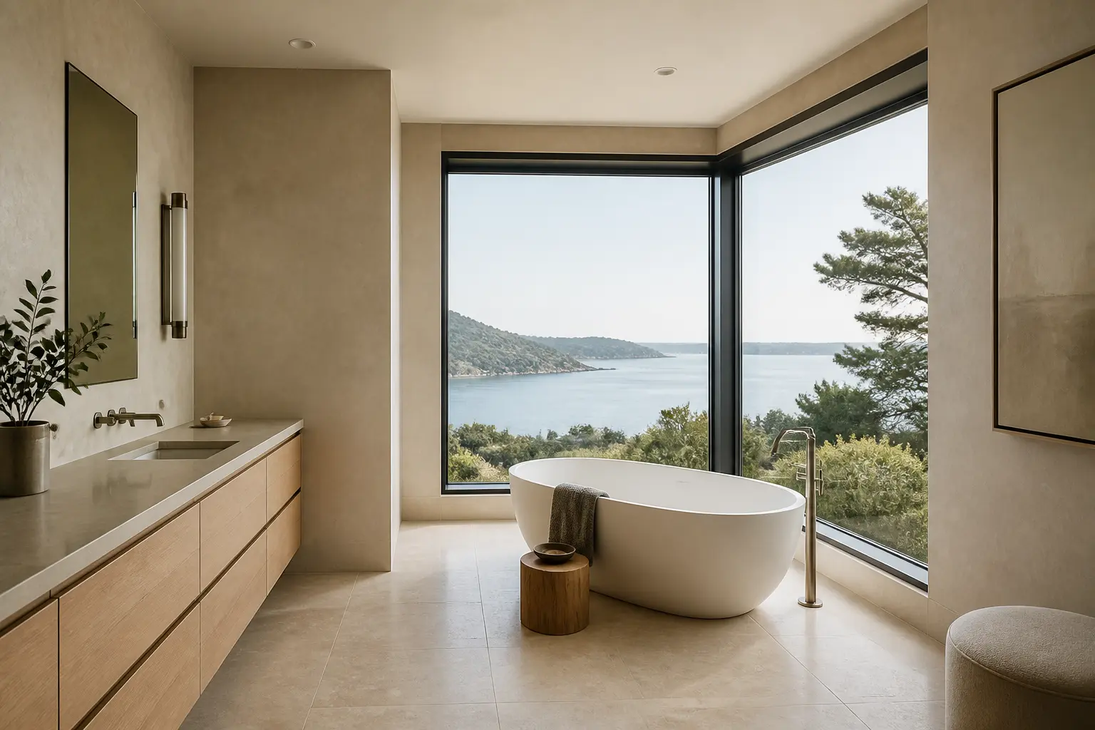 Contemporary Belvedere hillside bathroom with limestone surfaces and a corner window soaking tub