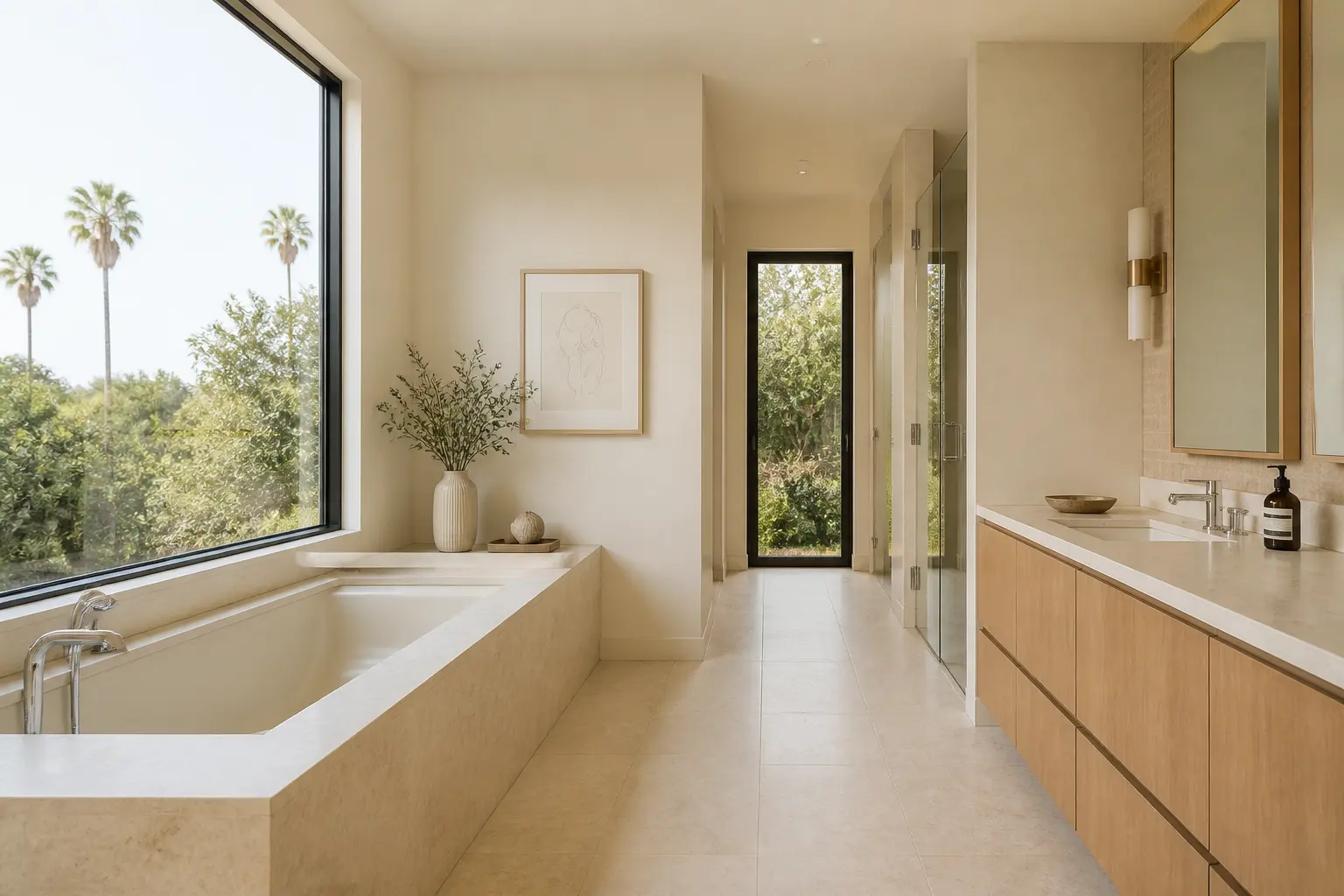 Los Angeles primary bathroom in pale limestone with a built-in tub and palm views
