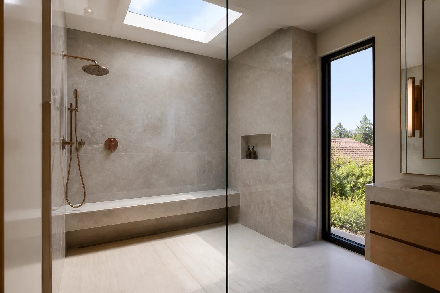 Los Angeles walk-in shower with skylight, stone bench and aged brass fittings