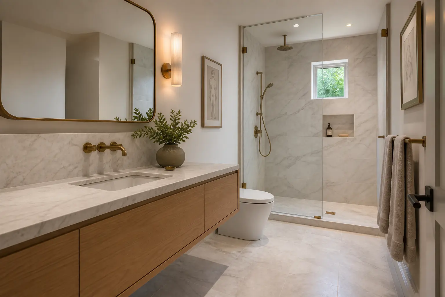 Bathroom with white oak floating vanity, marble counter and glass shower