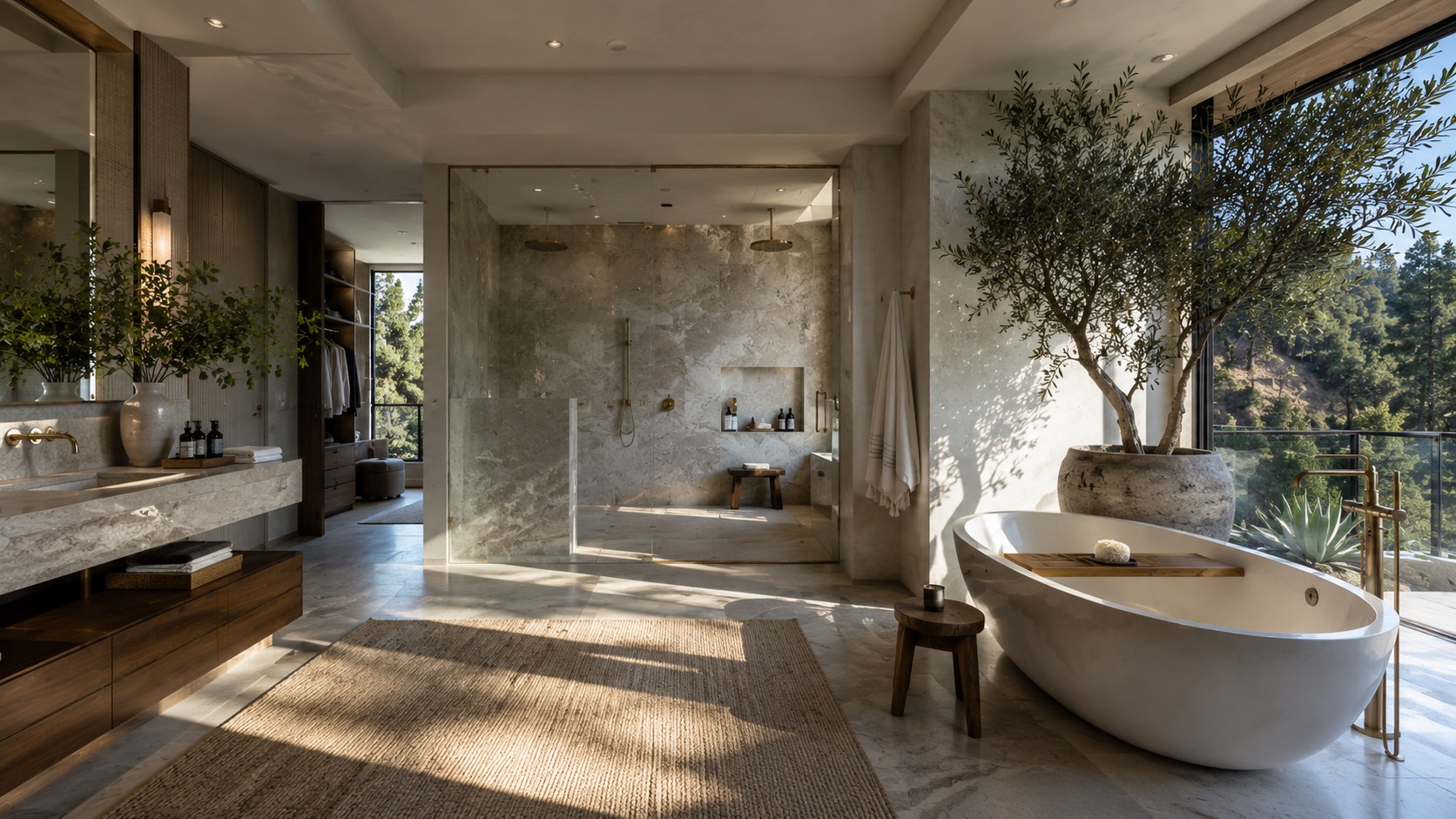 A luxury bathroom with a freestanding tub, large windows, and natural stone finishes.