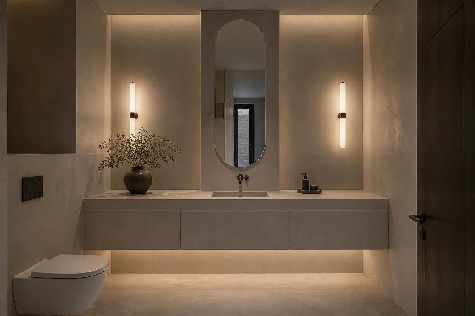 Minimal powder room with backlit oval mirror, floating vanity and cove lighting
