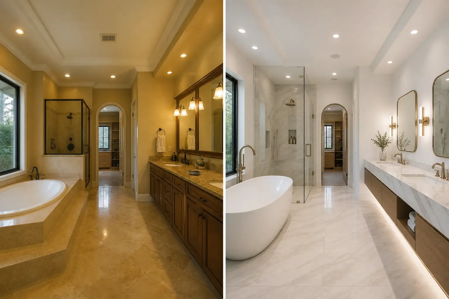 Before and after of a primary bathroom, from gold walls and a tiled tub deck to a bright marble suite with a freestanding tub and glass shower