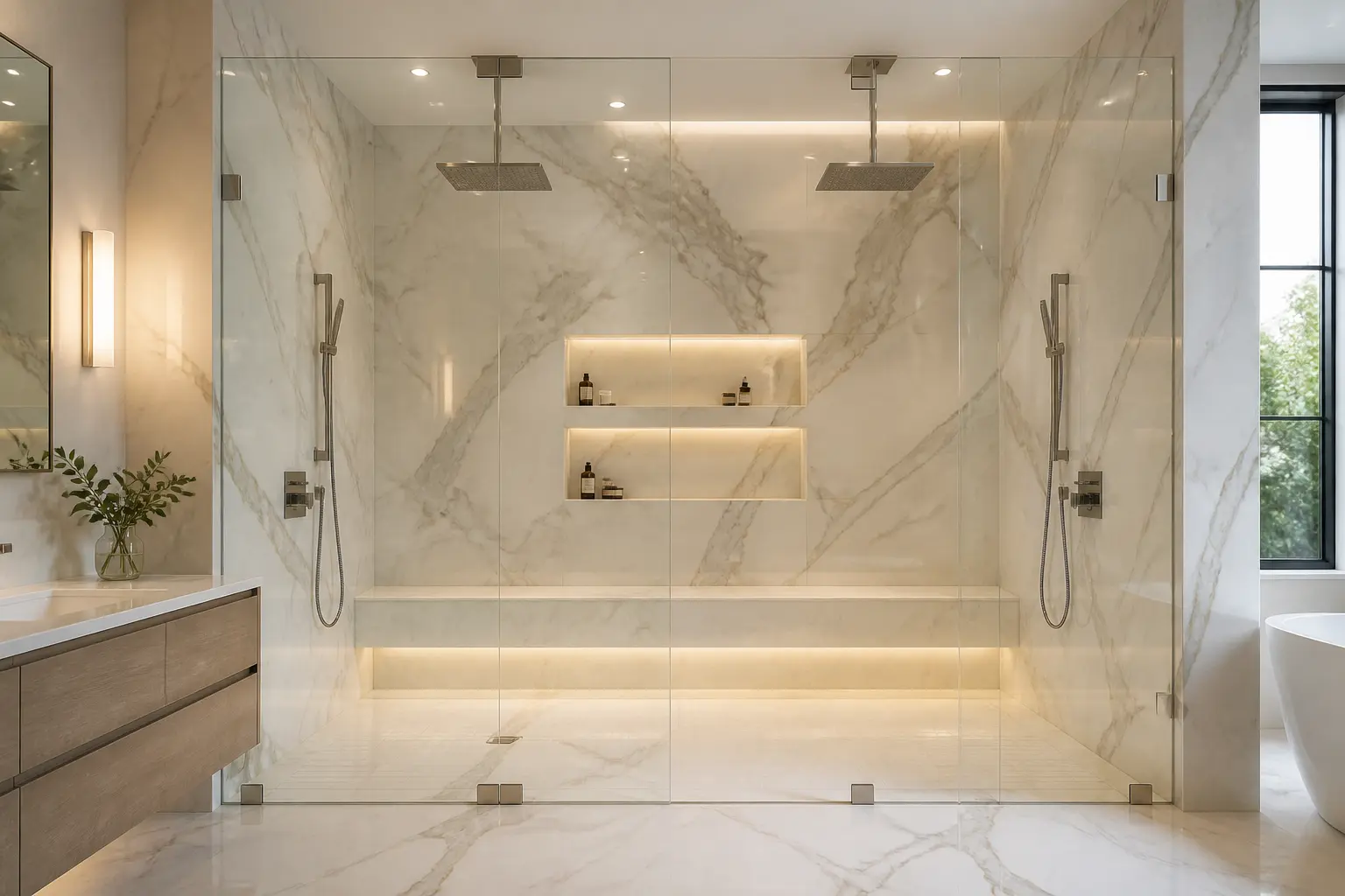Double walk-in shower with book-matched marble walls, bench and lit niches