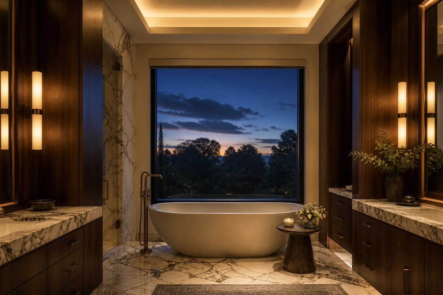 Atherton primary bathroom at dusk with dark walnut cabinetry, marble surfaces and warm sconce lighting