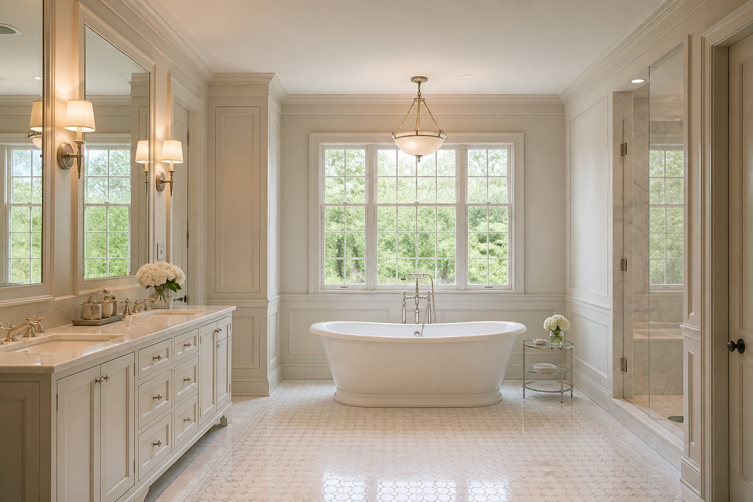 Transitional Atherton bathroom with paneled walls, marble counters and a classic freestanding tub