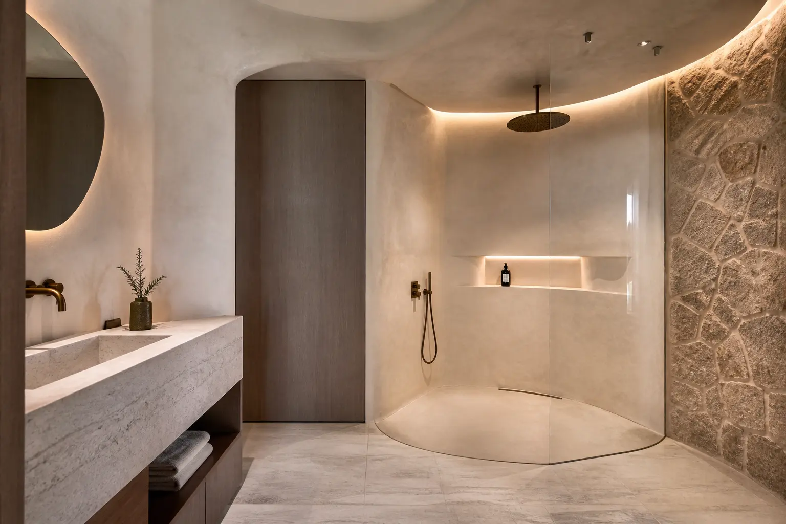 Curved plaster walk-in shower with backlit cove and carved stone vanity