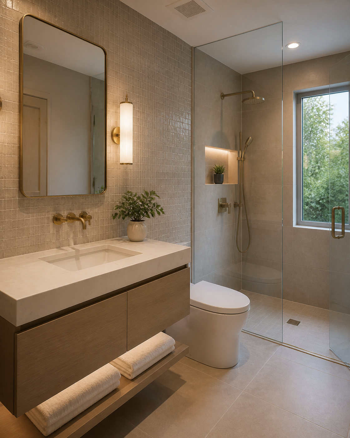 Saratoga guest bathroom with glazed tile walls, brass fittings and a stone trough sink