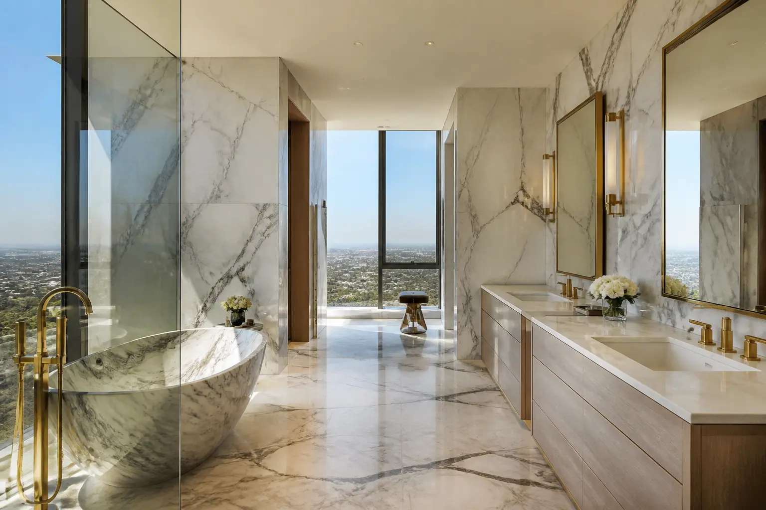 Beverly Hills hillside bathroom with carved marble tub and city views