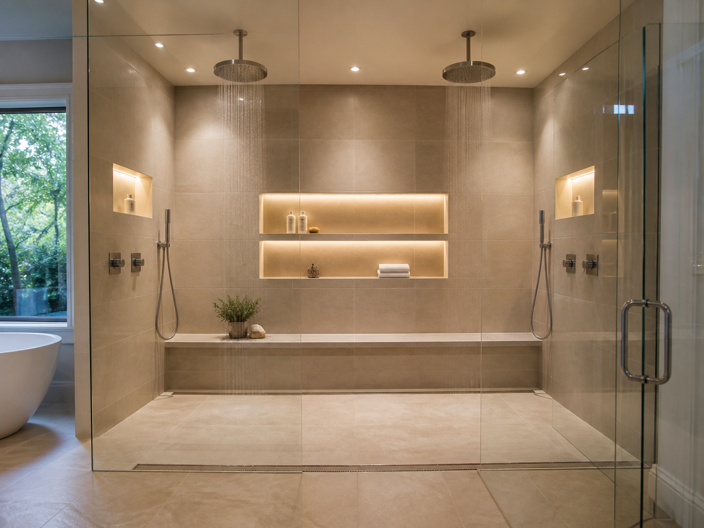 Saratoga dual rain shower remodel with a full-width stone bench and lit niches