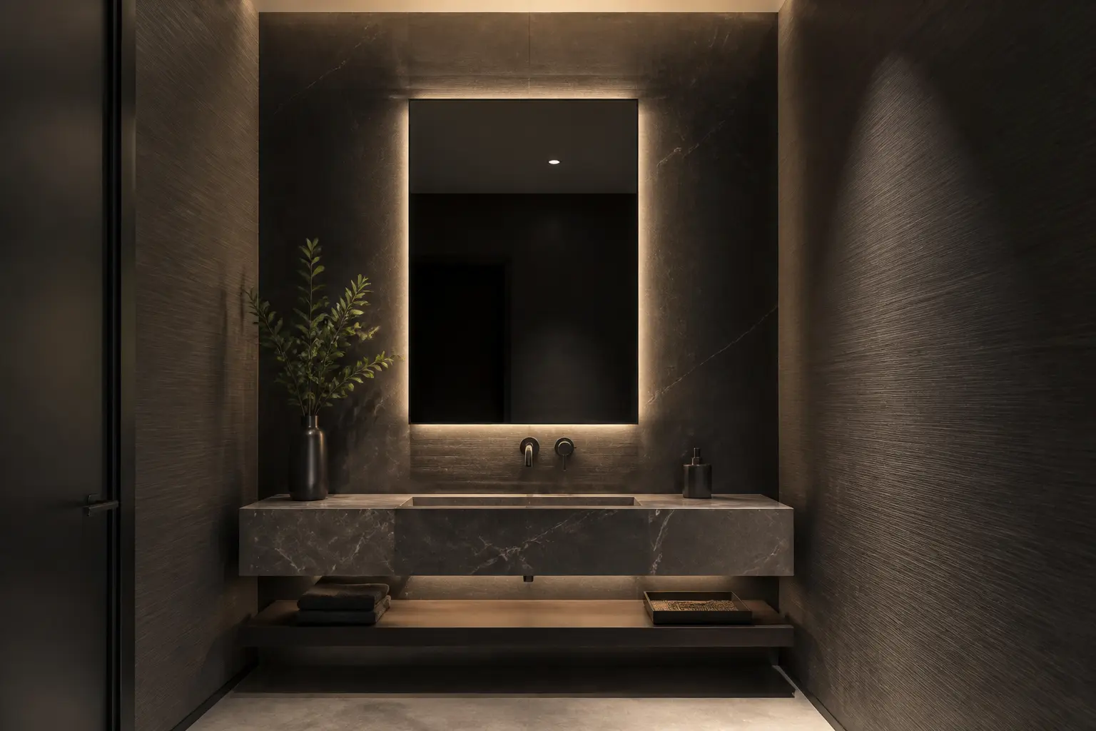Modern dark powder room with floating stone basin and backlit mirror