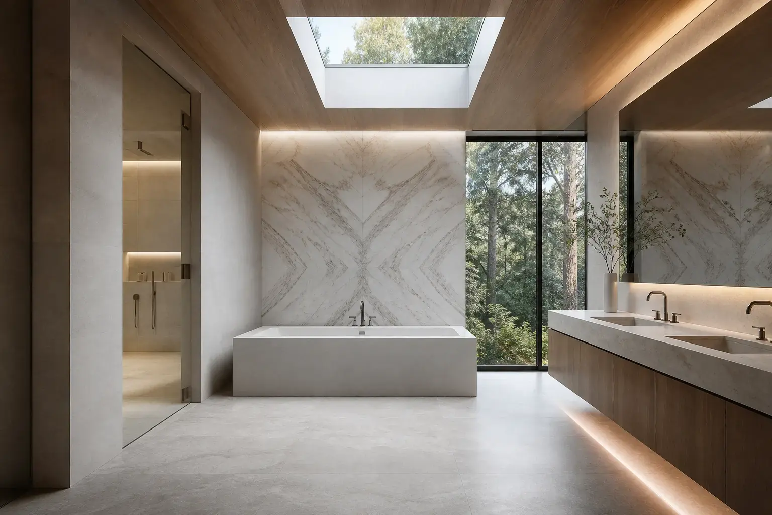 Contemporary Woodside primary bathroom with a bookmatched marble wall, skylight and floating oak double vanity