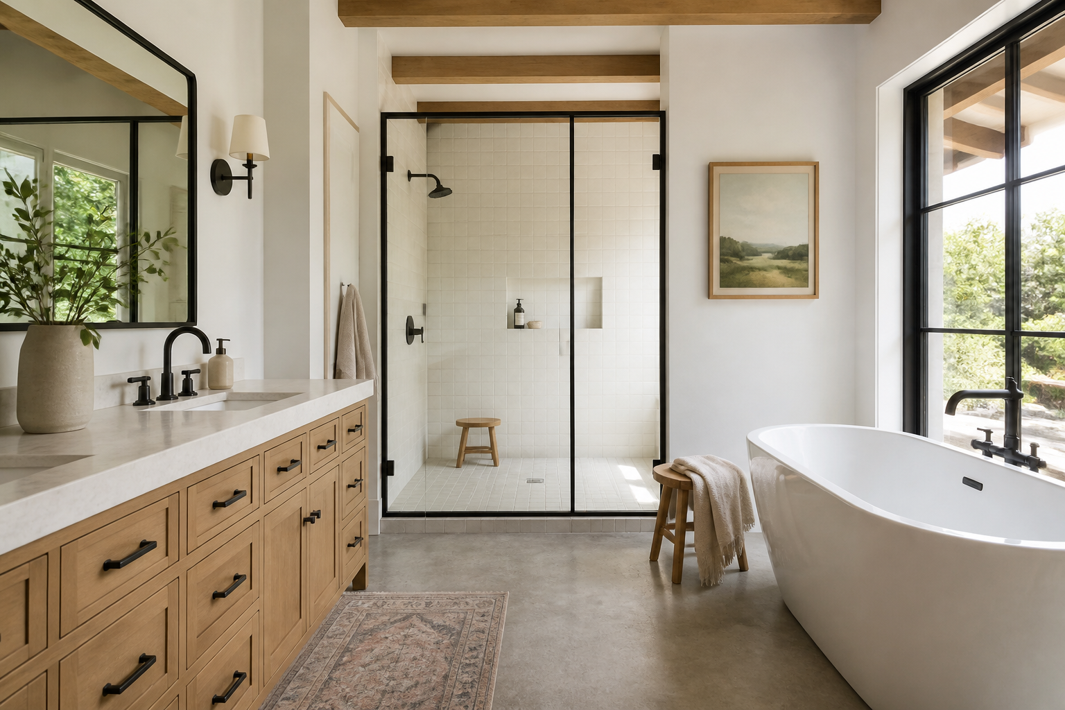 Hidden Hills modern farmhouse bathroom with white oak vanity, black steel shower enclosure and freestanding tub